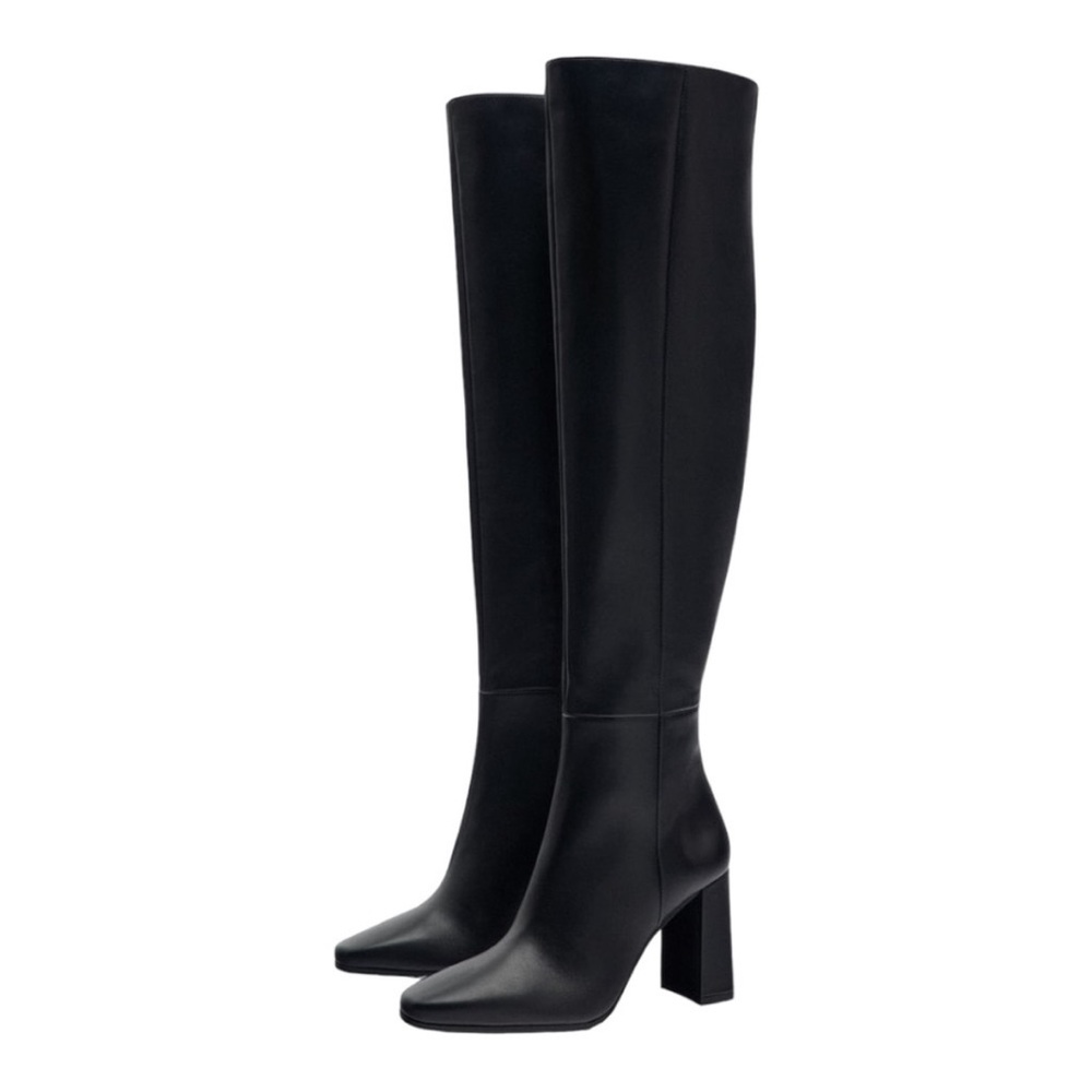 ZARA Boots Black Leather Over The Knee Side Zip Heeled Tall Size 9